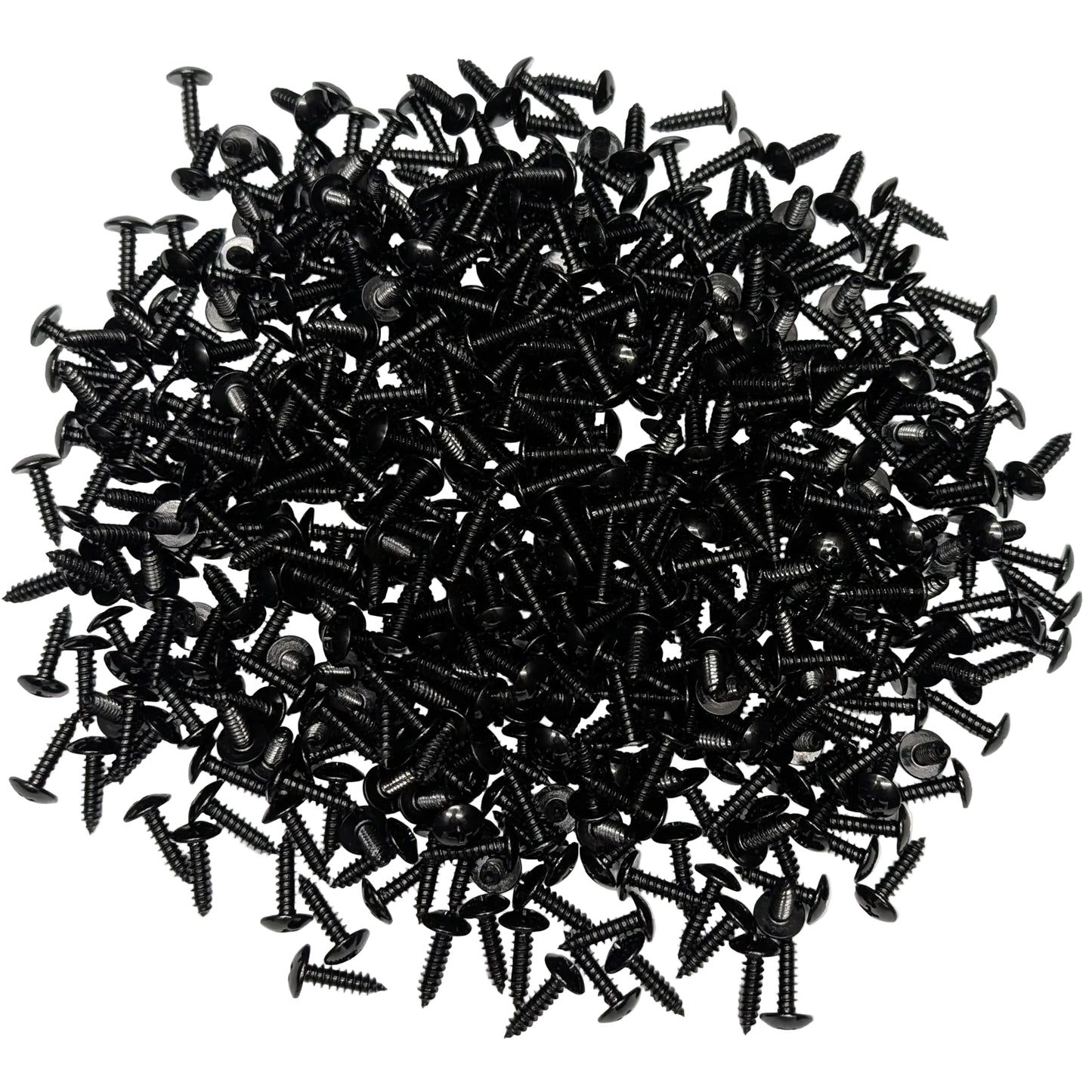 A pile of black truss-head slat screws, scattered on a white background.