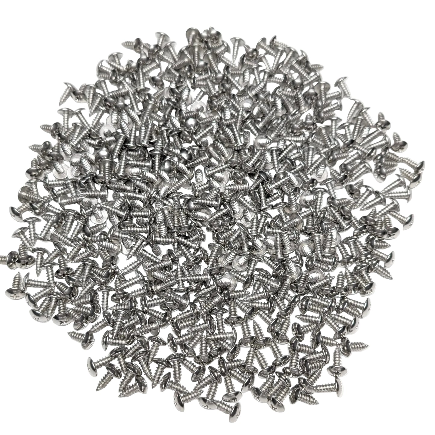 A pile of 500 silver stainless steel truss-head screws, arranged on a white background.