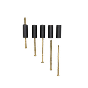 Five black cylindrical spacers with screws, arranged on a plain white background.