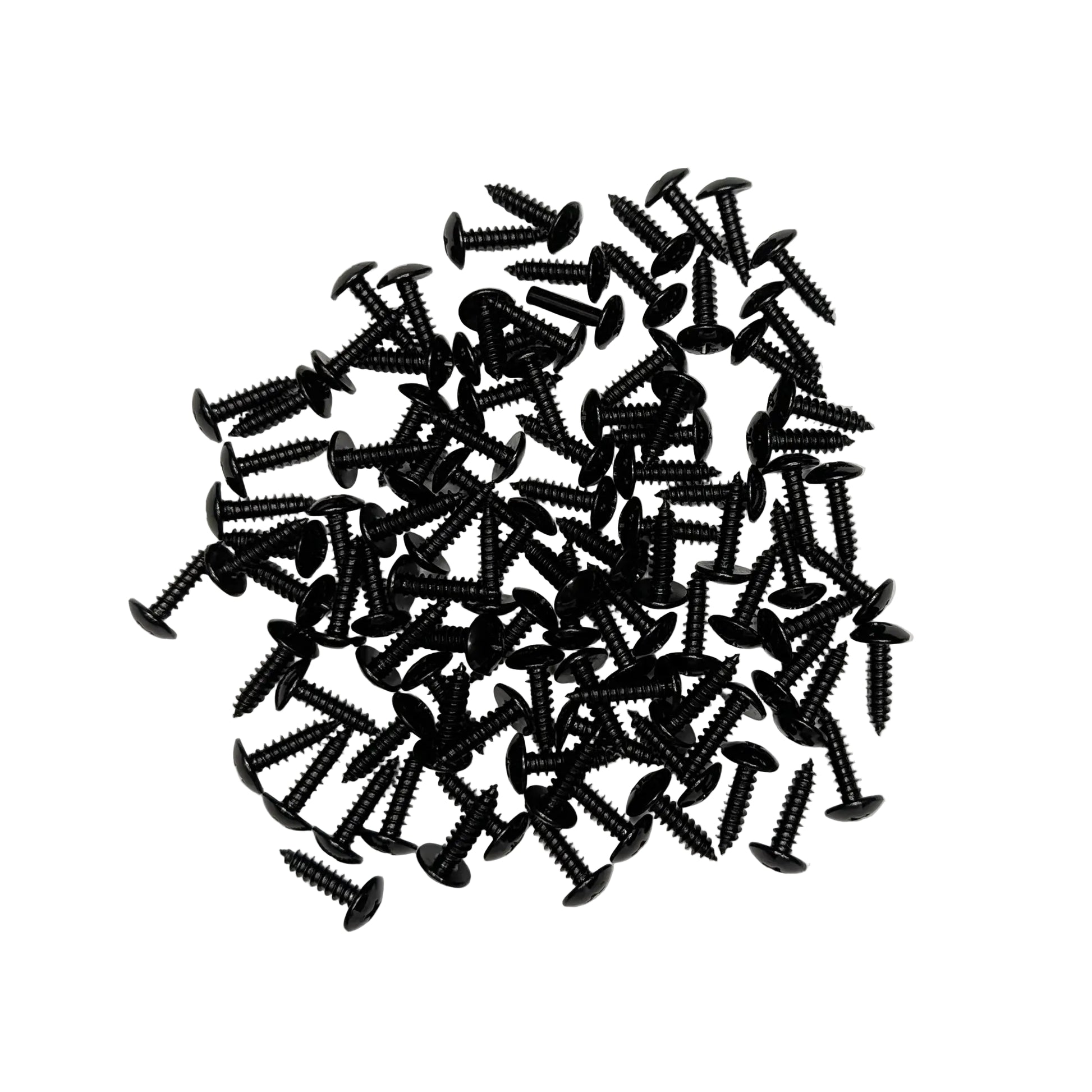 A pile of 100 Black Truss-Head Slat Screws on a white background.