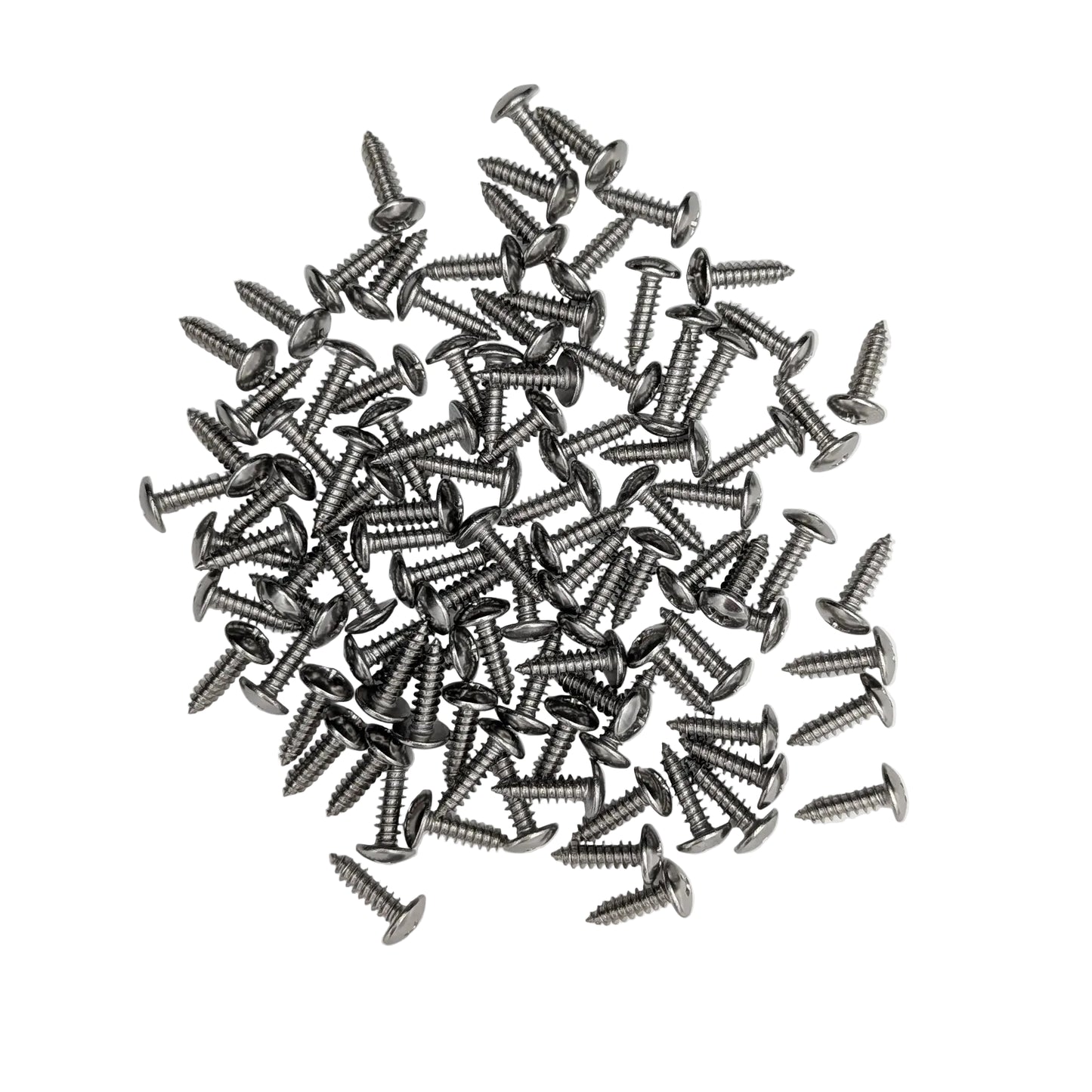 A pile of 100 Silver stainless steel truss-head slat screws on a white background. 