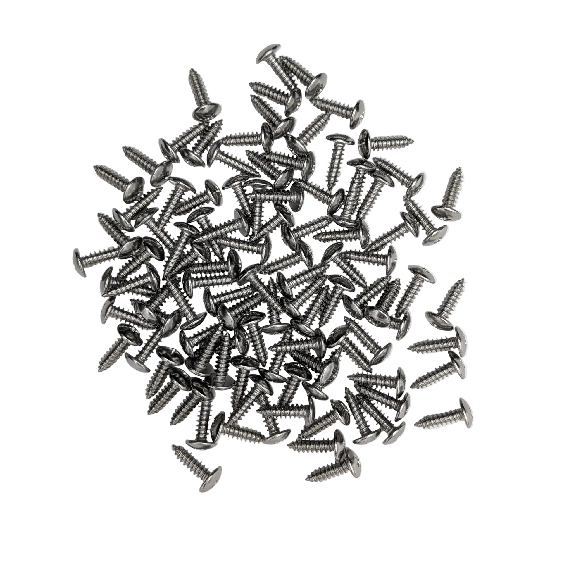 A pile of 100 Silver stainless steel truss-head slat screws on a white background. 