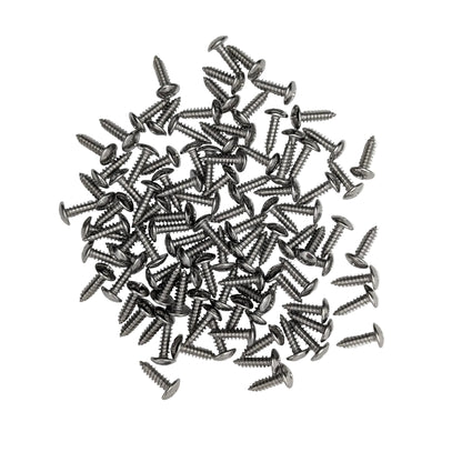 A pile of 100 Silver stainless steel truss-head slat screws on a white background. 
