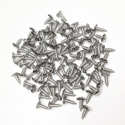 A pile of 100 5/8" Silver stainless steel truss-head slat screws on a white background. 