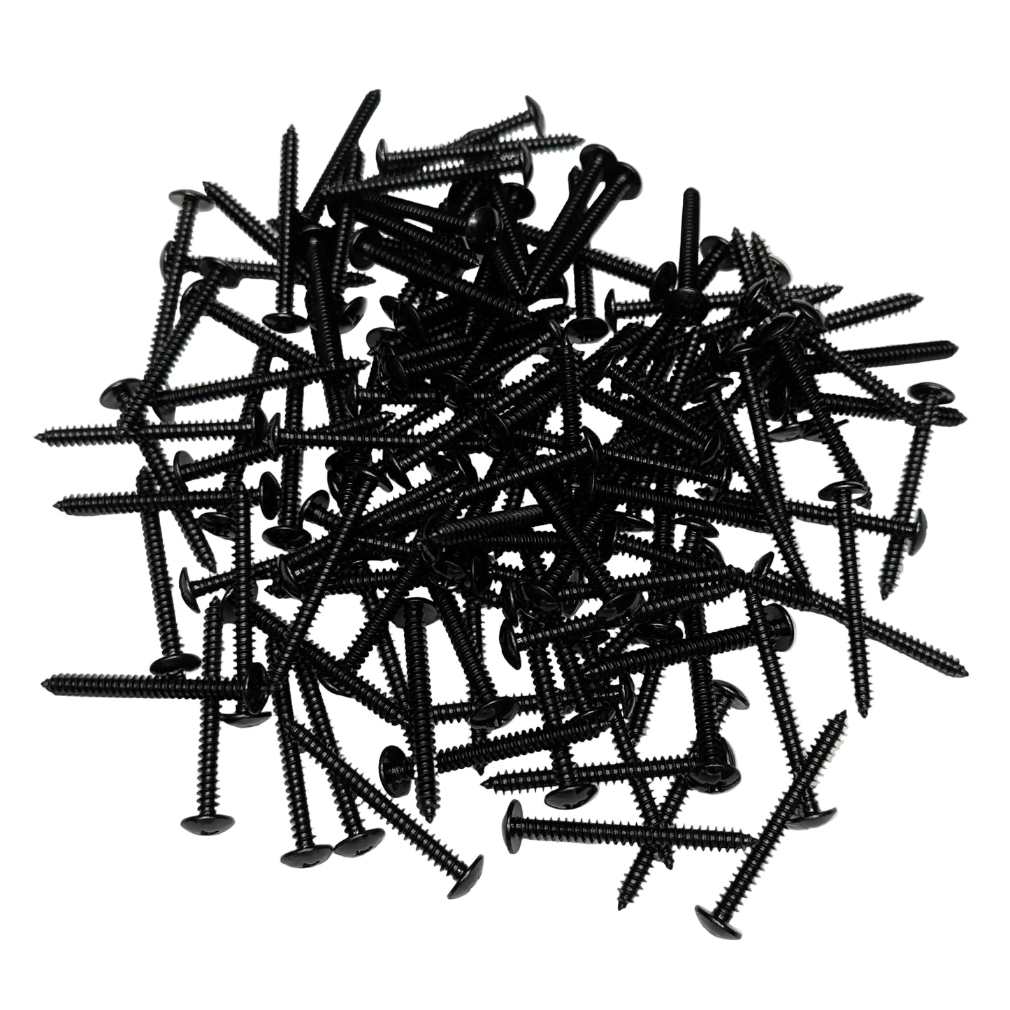 A pile of black 2" truss-head wood screws, scattered on a white background.