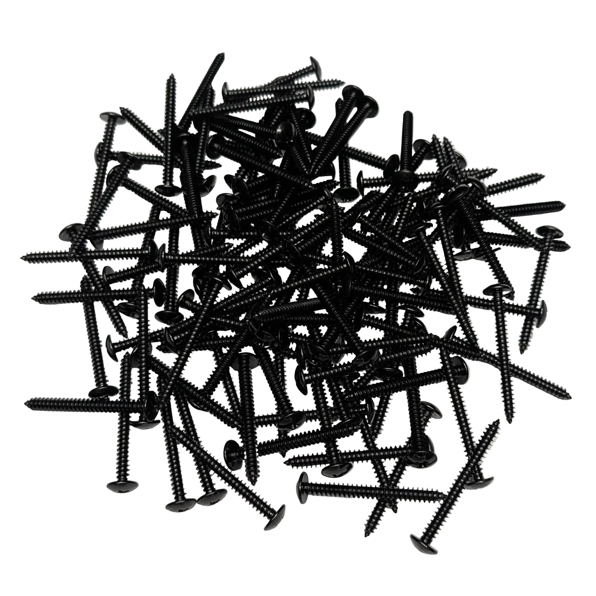 A pile of black 2" truss-head wood screws, scattered on a white background.