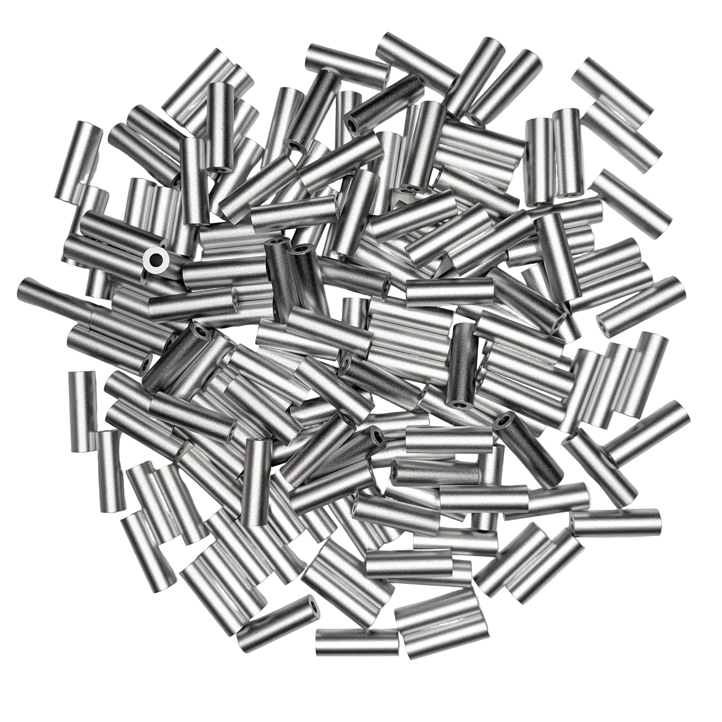 A pile of silver spacers scattered on a white background.