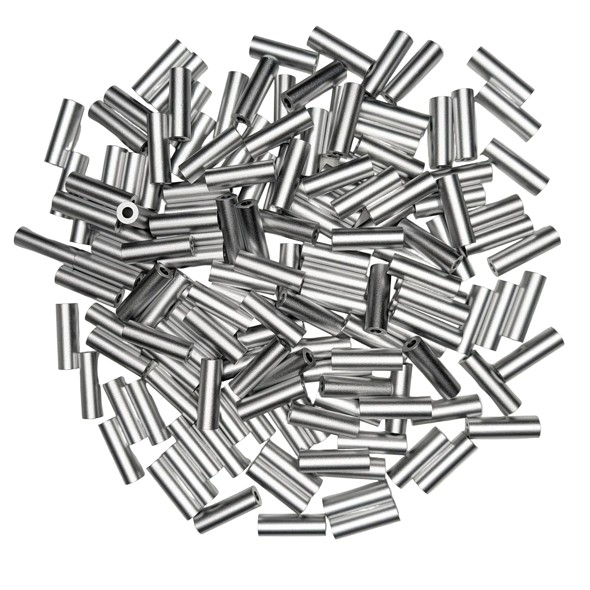 A pile of silver spacers scattered on a white background.