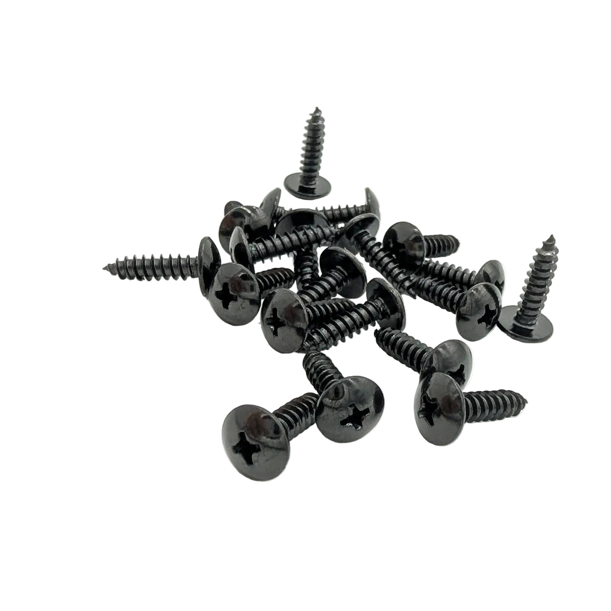 A pile of 20 black Phillips mushroom head wood screws, 3/4" long with threaded shanks, arranged on a plain white background.
