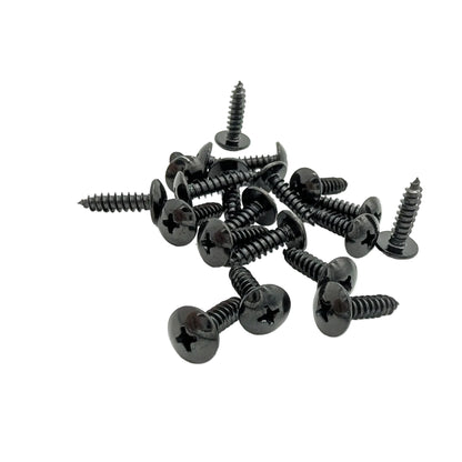 A pile of 20 black Phillips mushroom head wood screws, 3/4" long with threaded shanks, arranged on a plain white background.