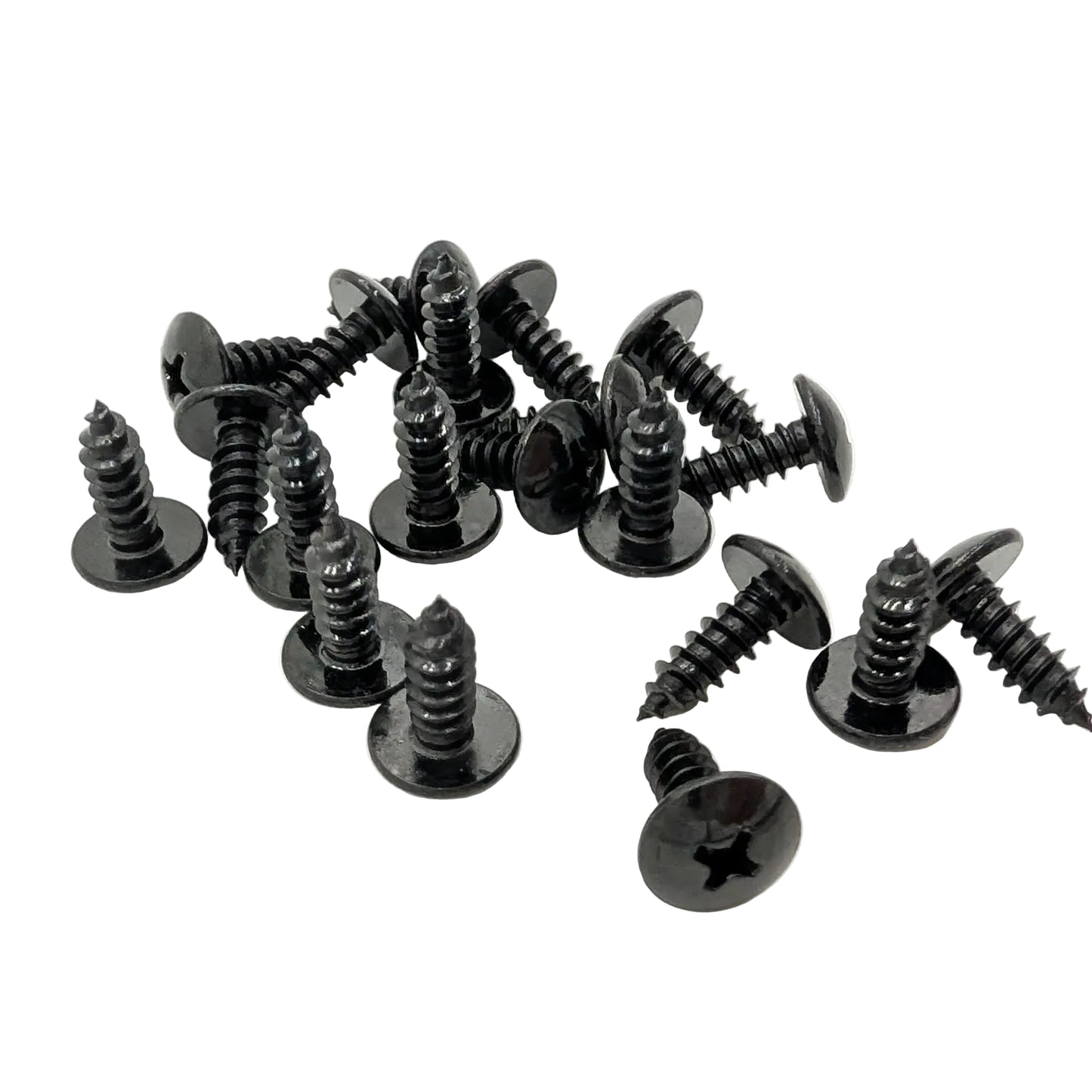 A pile of 20 black 5/8" mushroom-head wood screws with slotted cross-drilled heads, arranged on a plain white background.