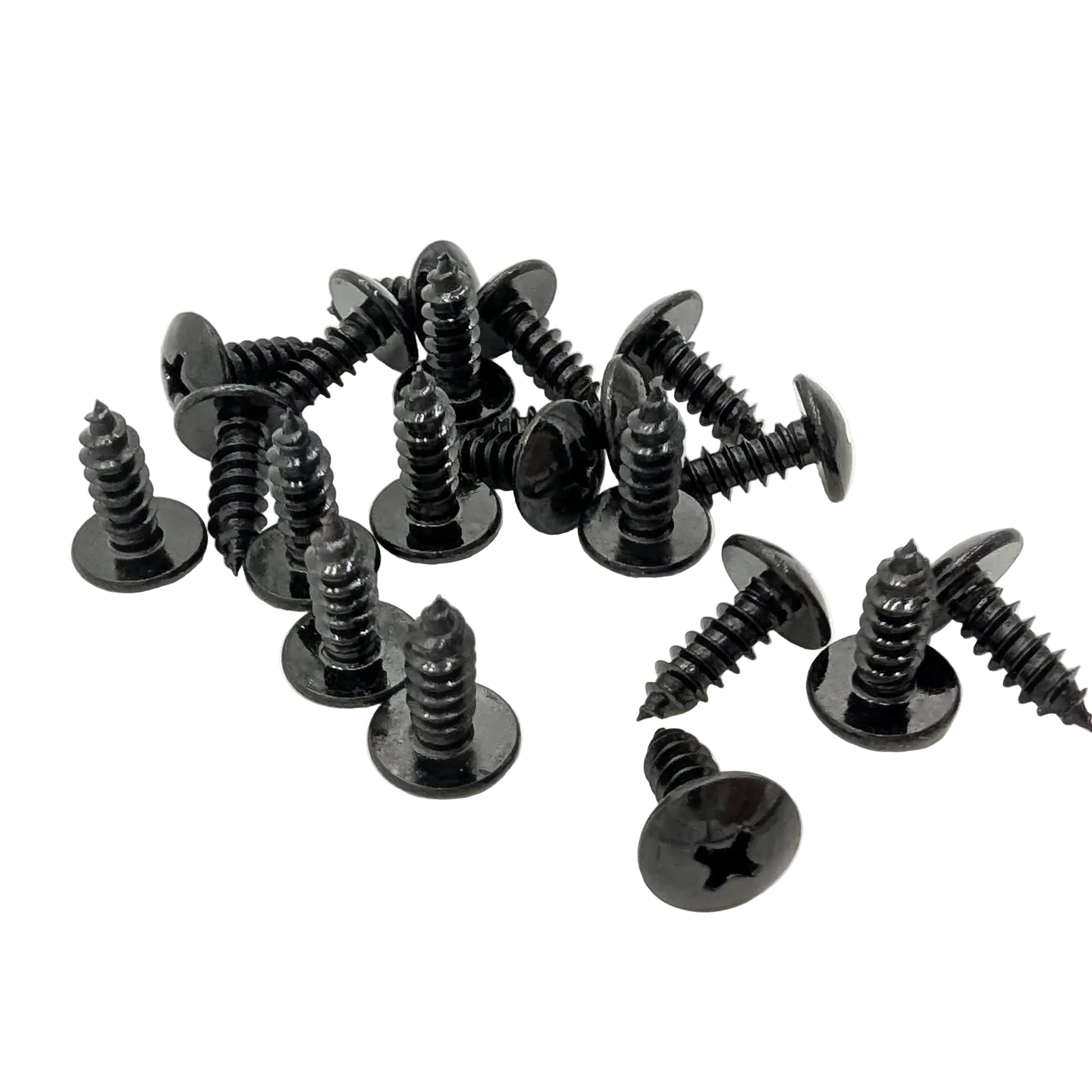 A pile of 20 black 5/8" mushroom-head wood screws with slotted cross-drilled heads, arranged on a plain white background.