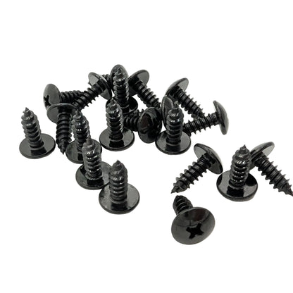 A pile of 20 black 5/8" mushroom-head wood screws with slotted cross-drilled heads, arranged on a plain white background.