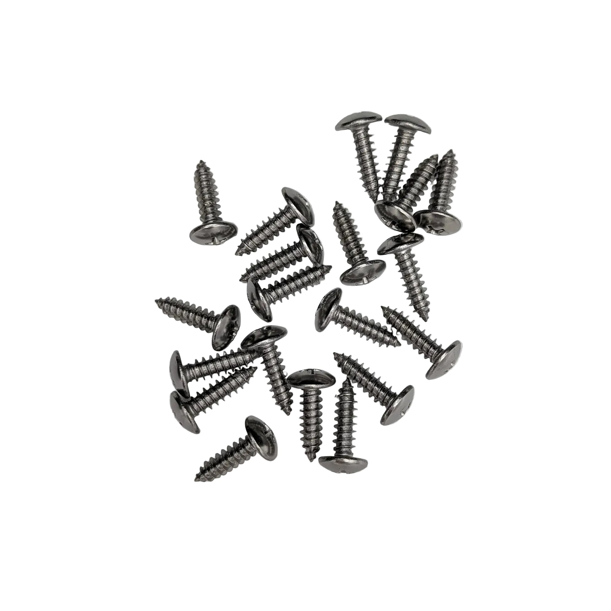 A group of 20 silver stainless steel truss-head slat screws on a white background.