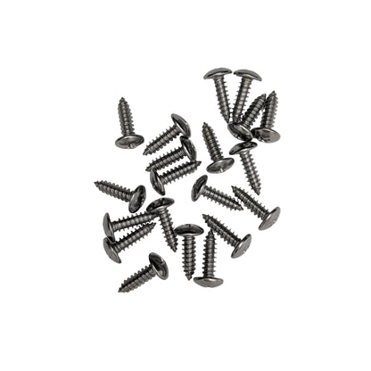 A group of 20 silver stainless steel truss-head slat screws on a white background.
