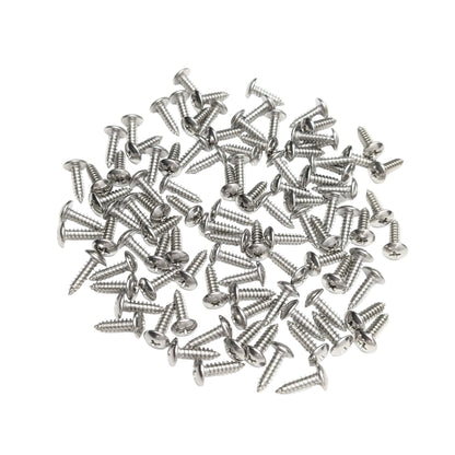 A pile of 100 3/4" silver stainless steel truss-head screws, scattered on a white background.