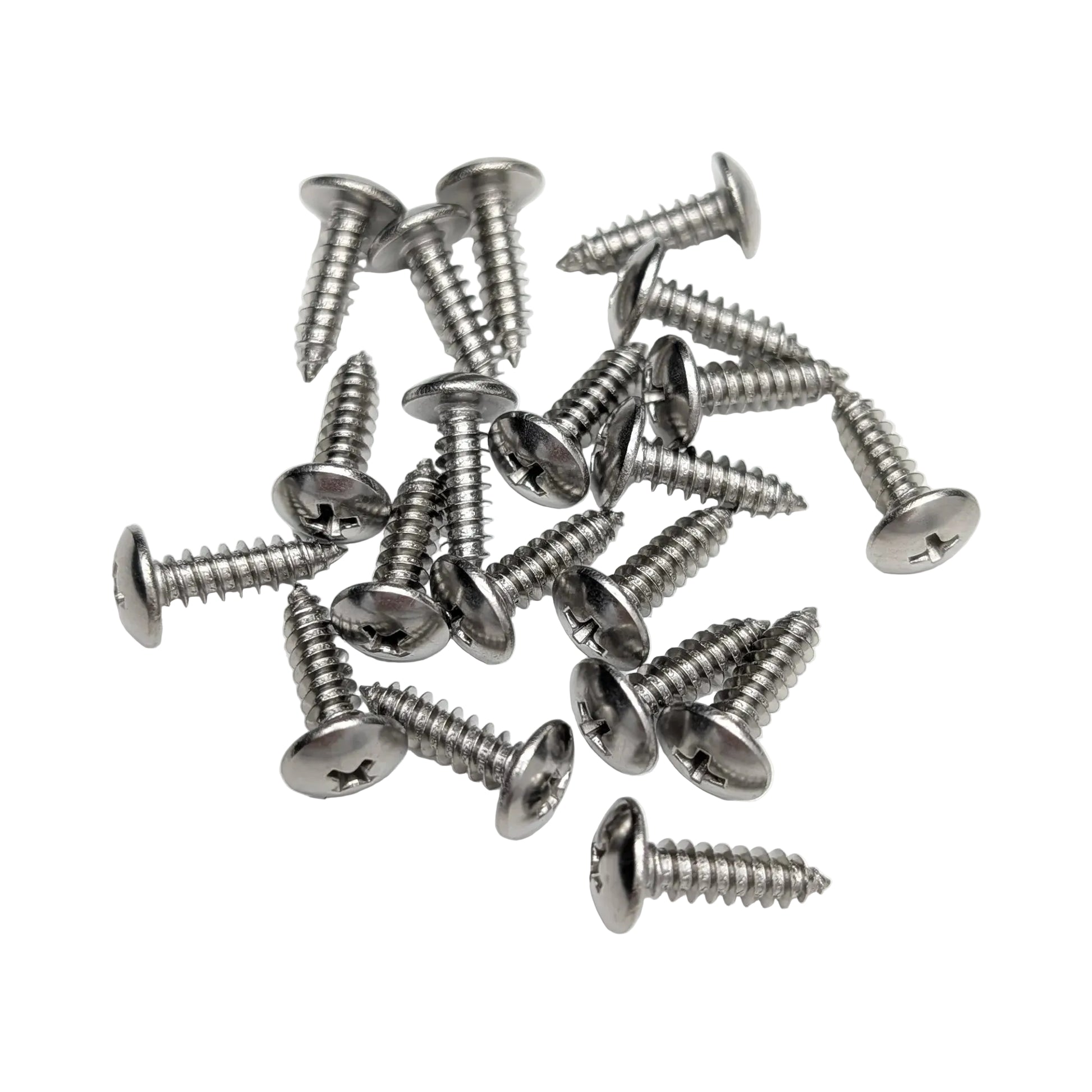 A pile of 20 silver stainless steel 3/4" truss-head screws, arranged on a white background.