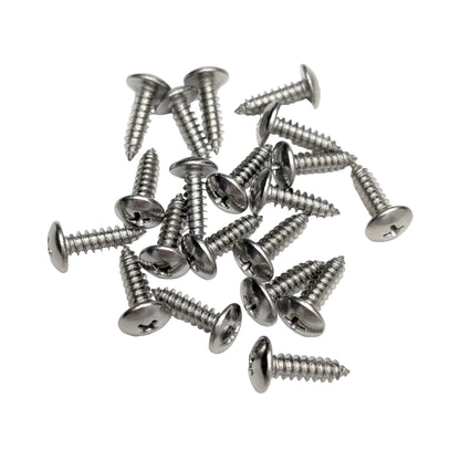 A pile of 20 silver stainless steel 3/4" truss-head screws, arranged on a white background.