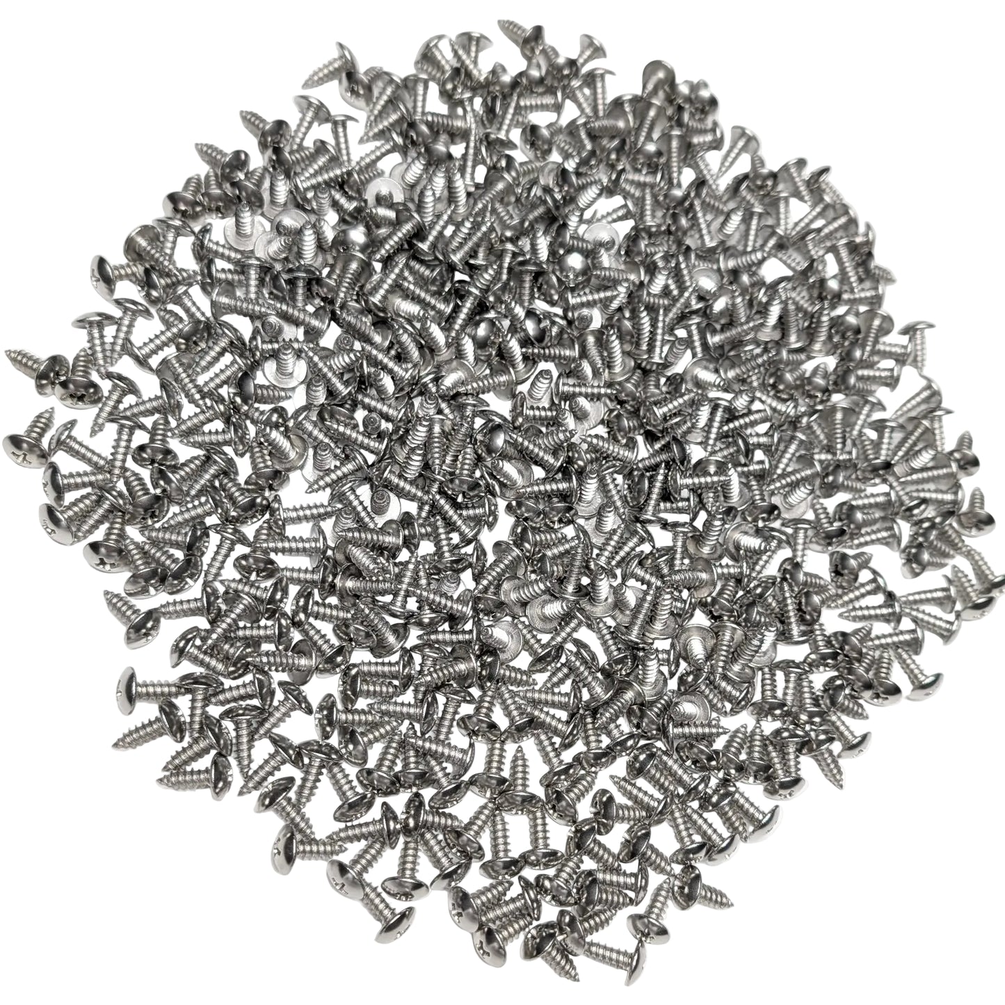 A pile of 500 3/4" silver stainless steel truss-head screws, scattered on a white background.