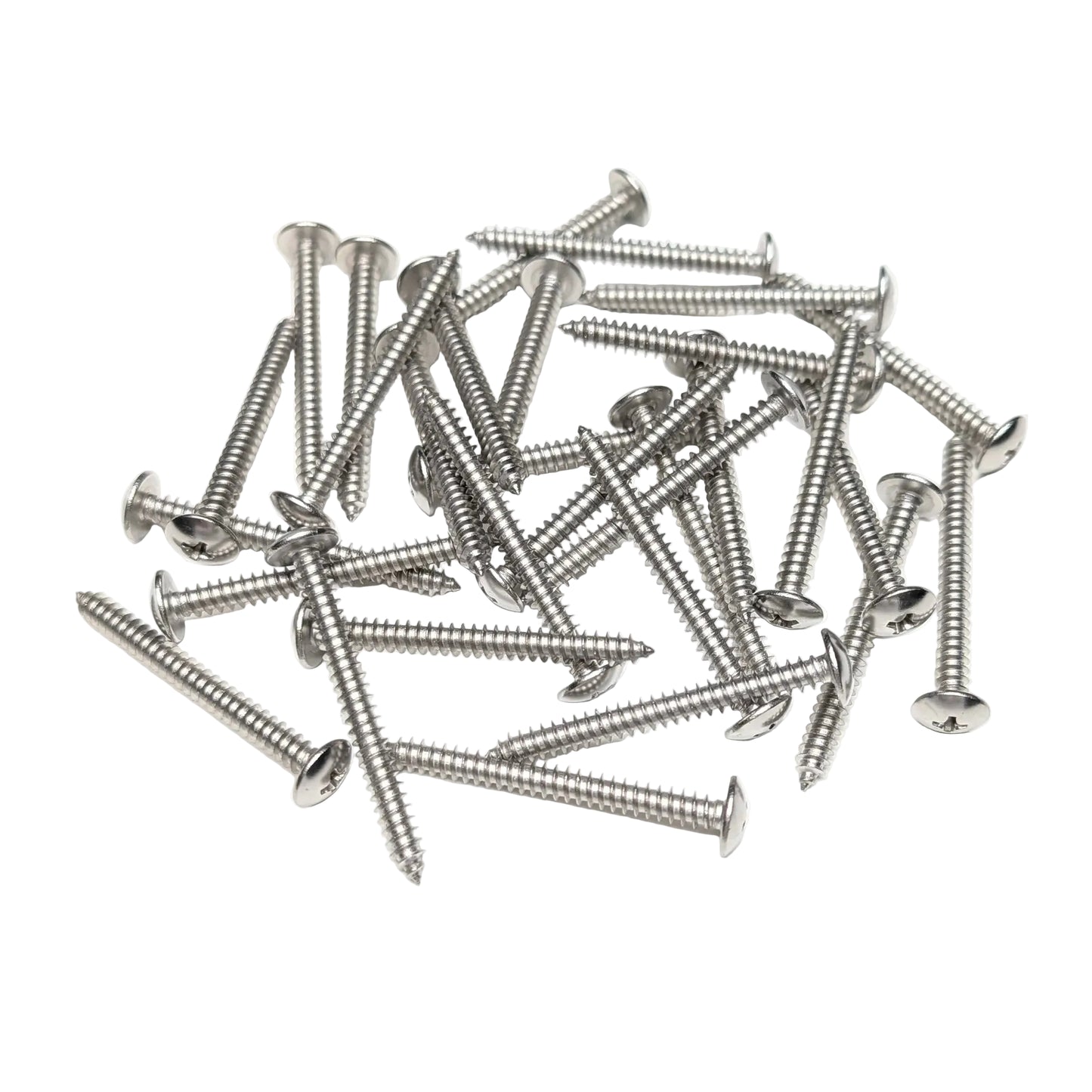 A pile of 30 silver 2-in truss-head screws, scattered on a plain white background.