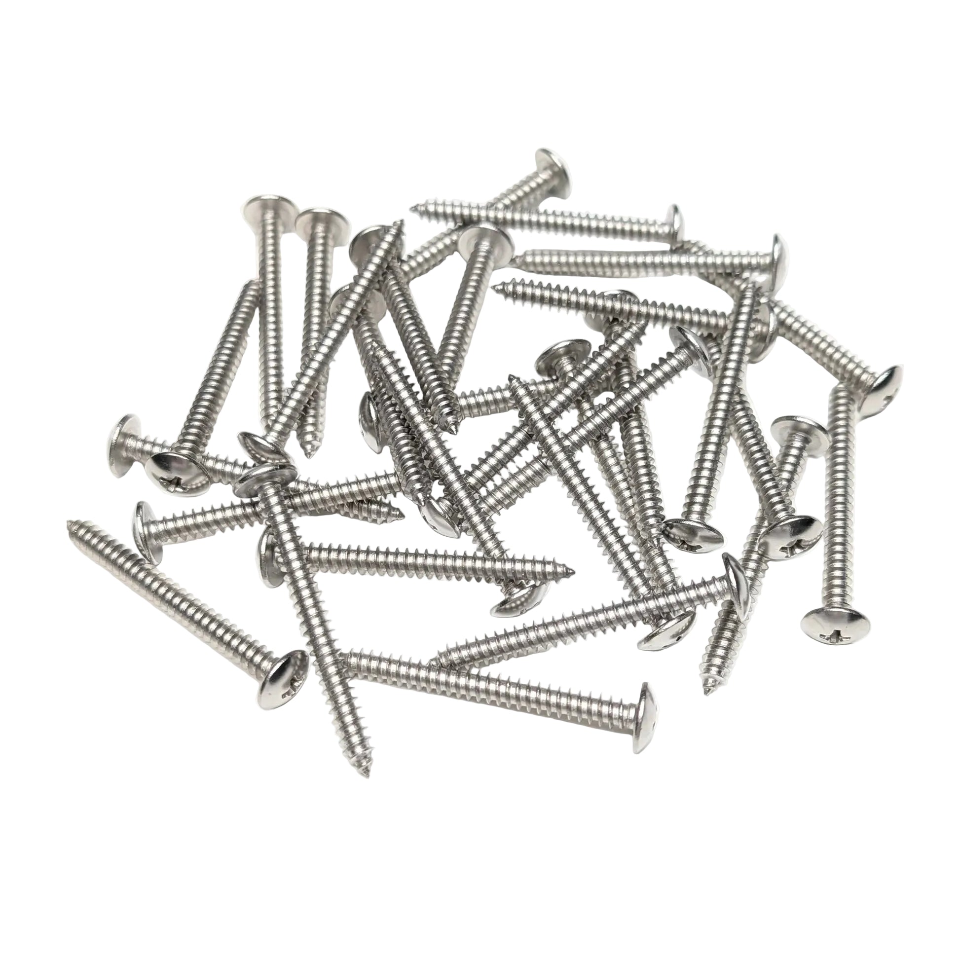 A pile of 30 silver 2-in truss-head screws, scattered on a plain white background.