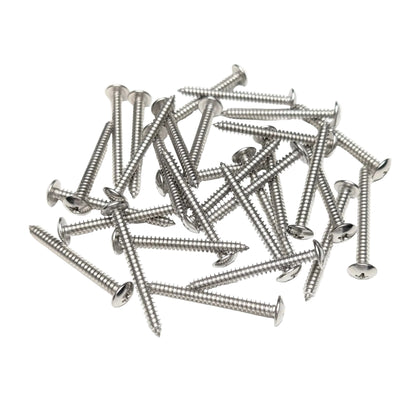 A pile of 30 silver 2-in truss-head screws, scattered on a plain white background.