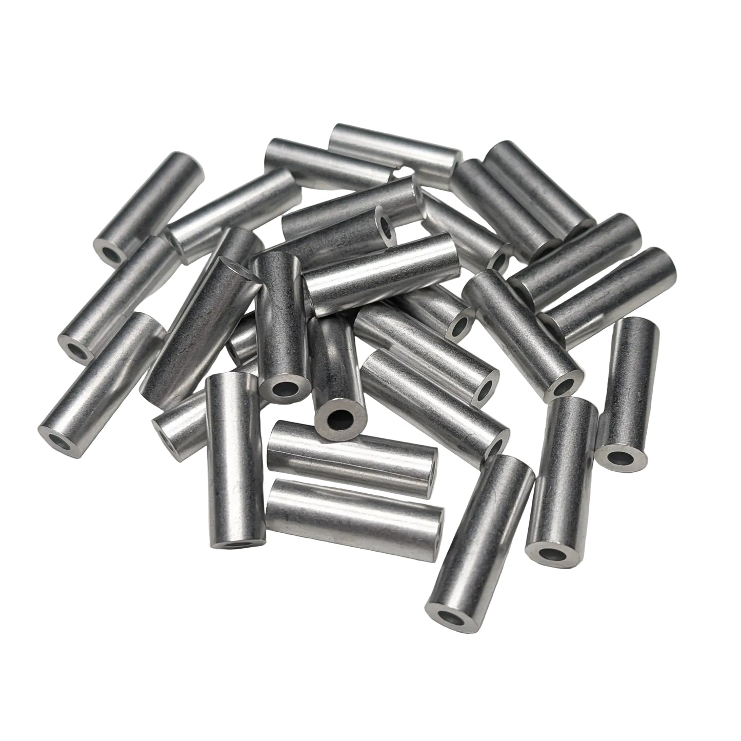 A pile of 30 silver spacers, arranged on a white background.