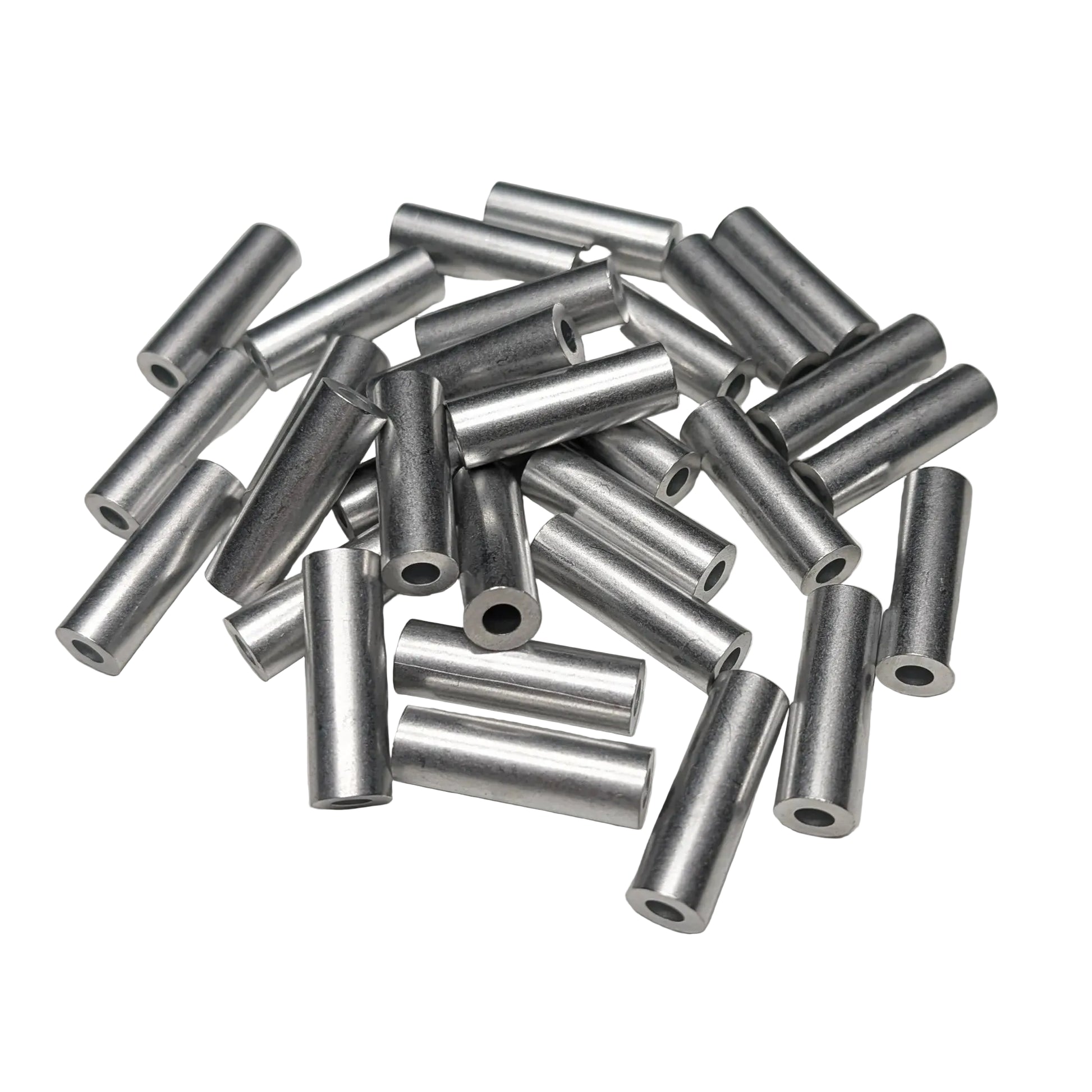 A pile of 30 silver spacers, arranged on a white background.
