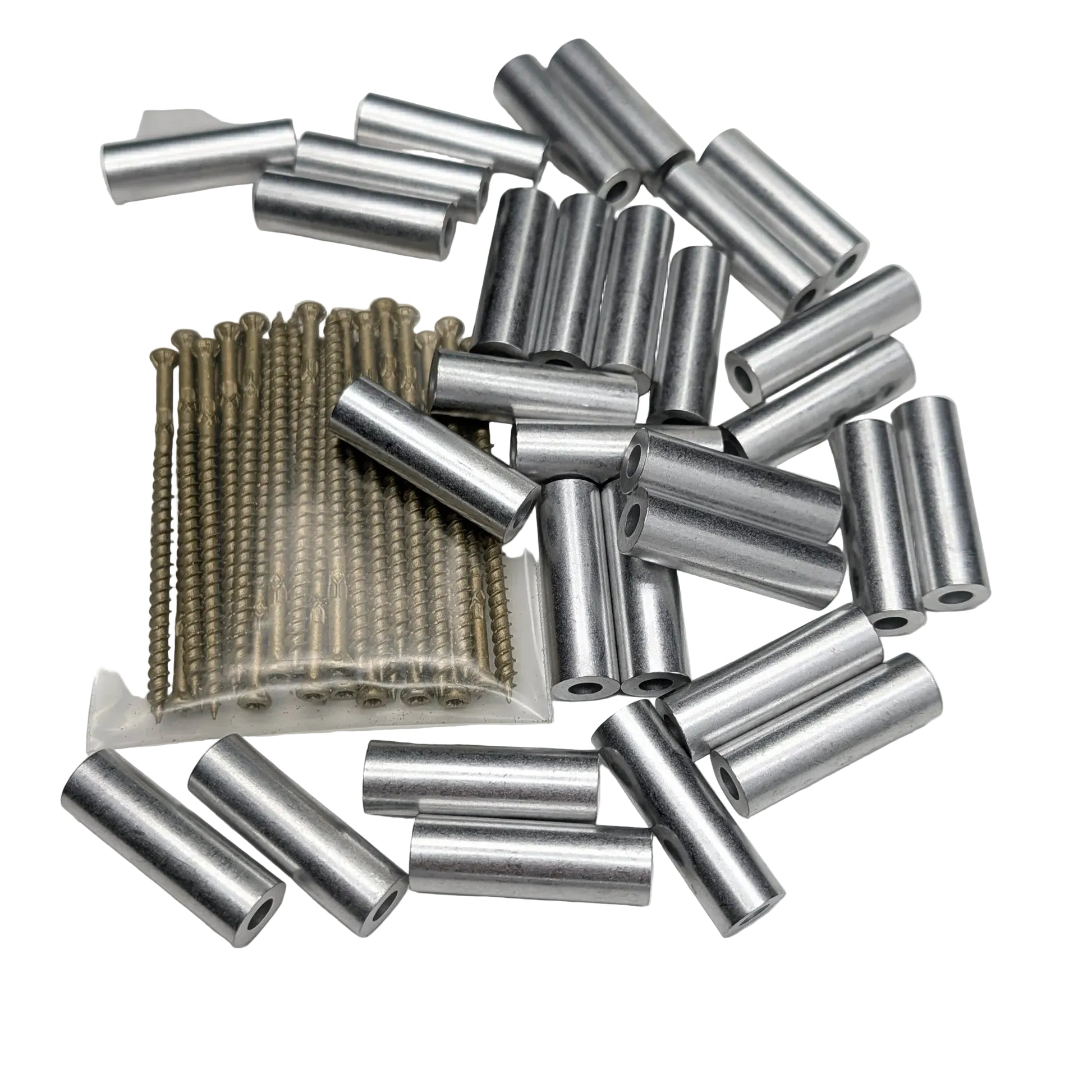 A pile of 30 silver spacers with a clear plastic bag containing bronze trim-head screws on a white background.