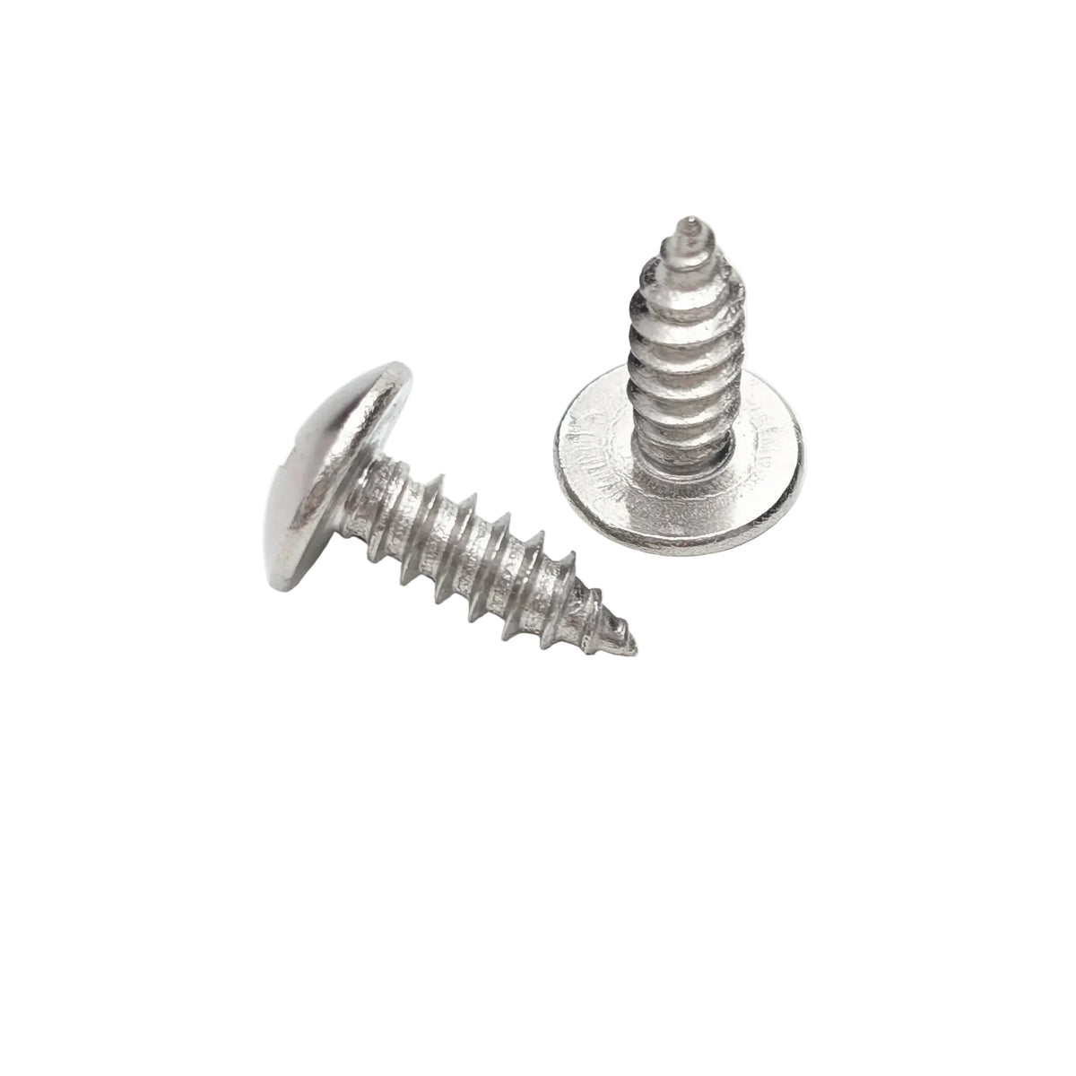 Two 5/8" silver stainless steel slat screws on a plain white background, one upright and one lying on its side.