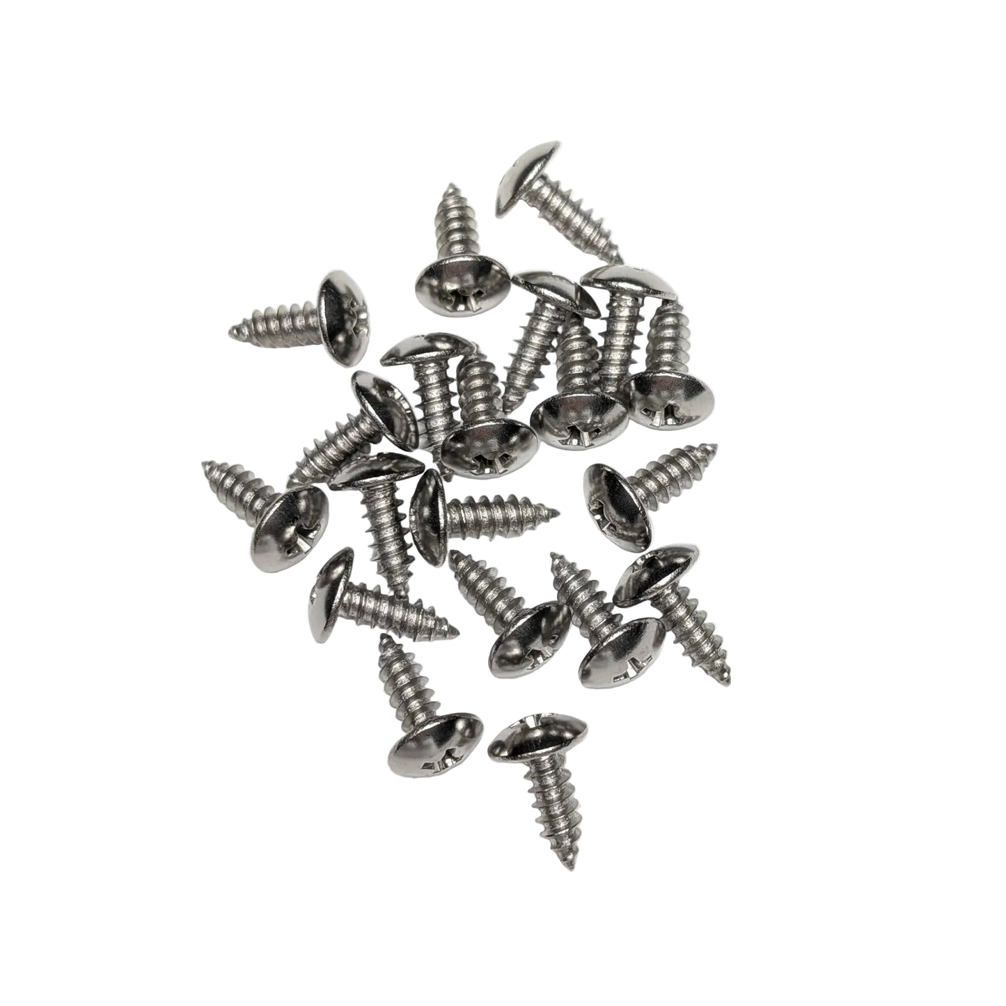 A pile of 20 5/8" silver stainless steel truss-head screws, arranged on a white background.