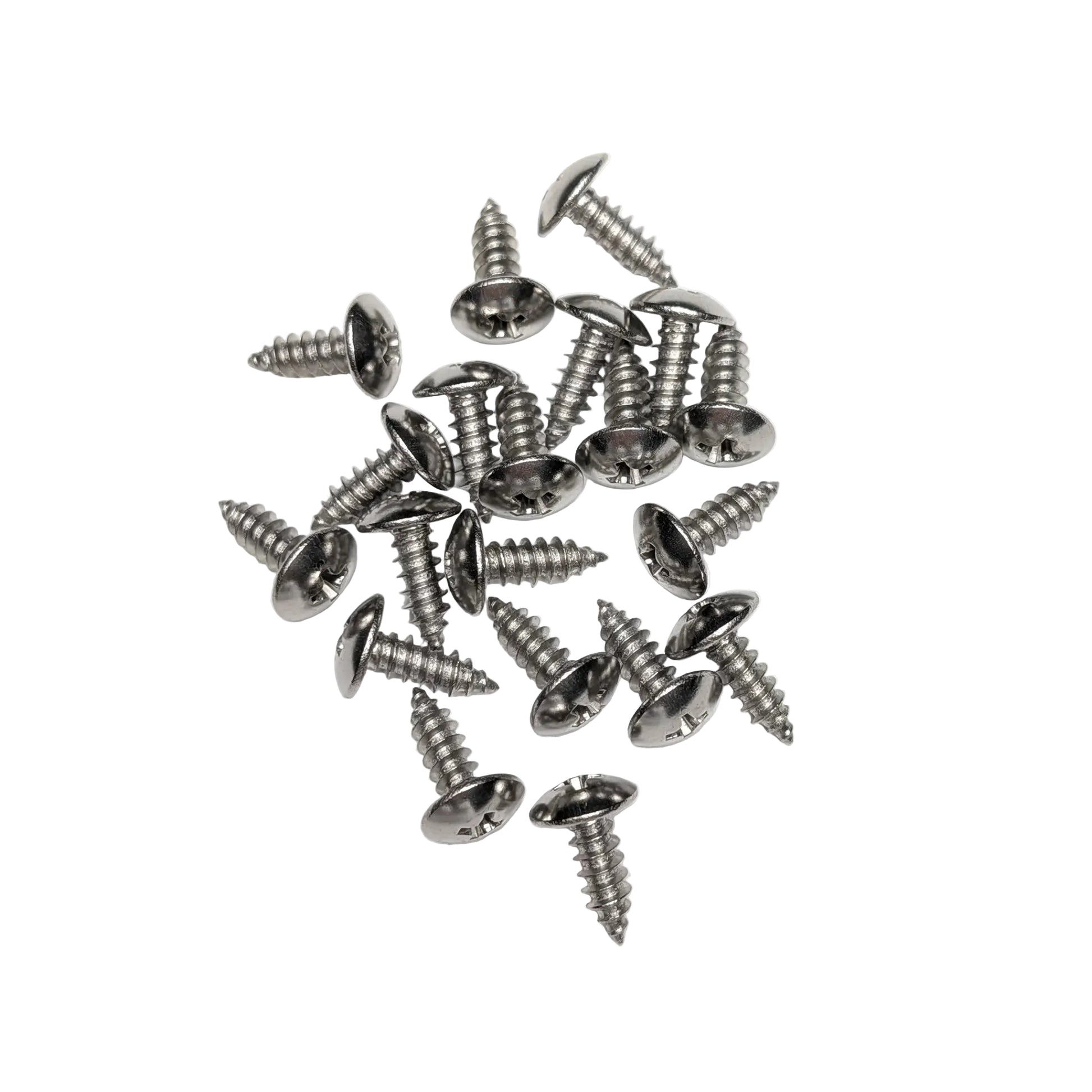 A pile of 20 5/8" silver stainless steel truss-head screws, arranged on a white background.