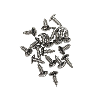A pile of 20 5/8" silver stainless steel truss-head screws, arranged on a white background.