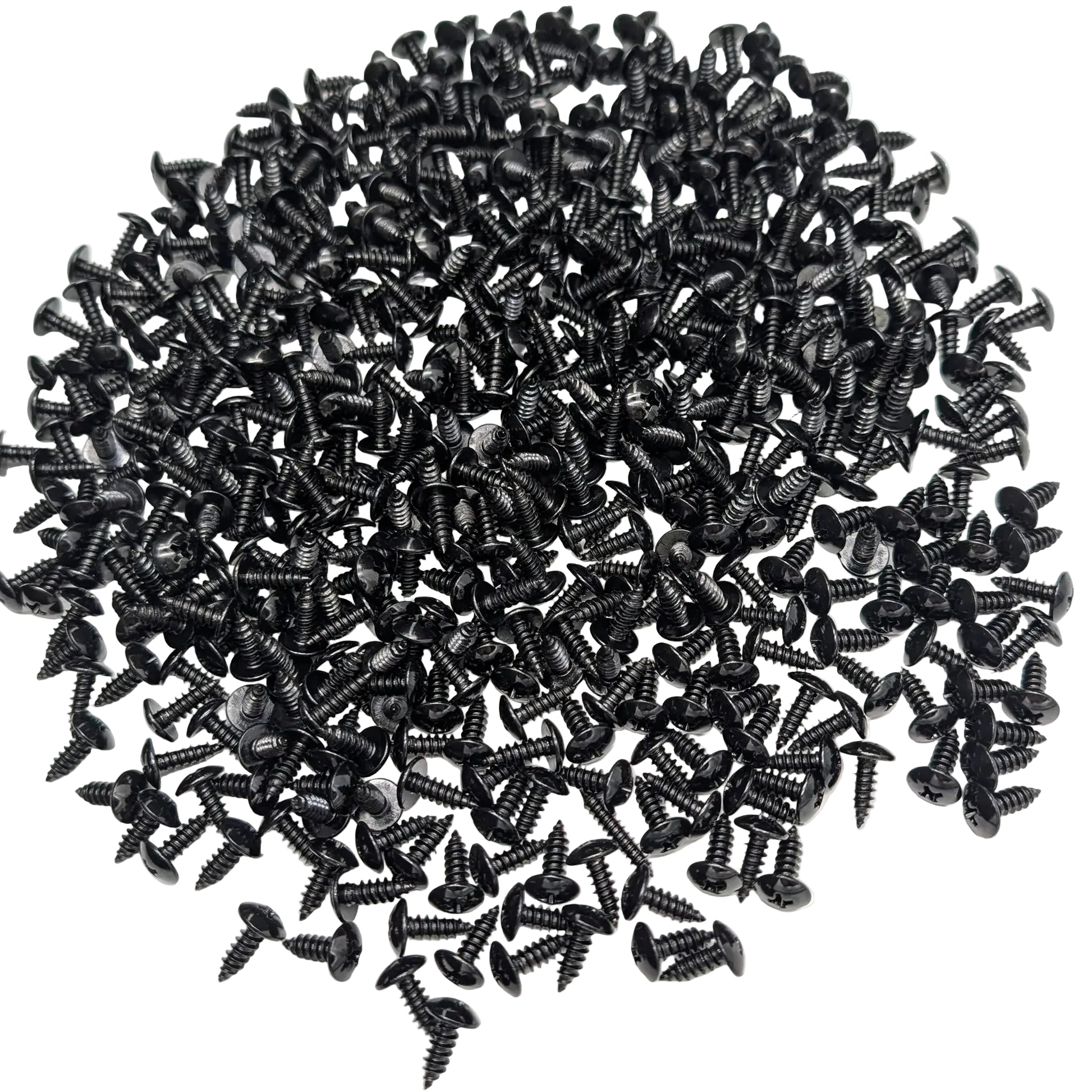 A pile of 500 5/8" black stainless steel truss-head screws, scattered on a white background.