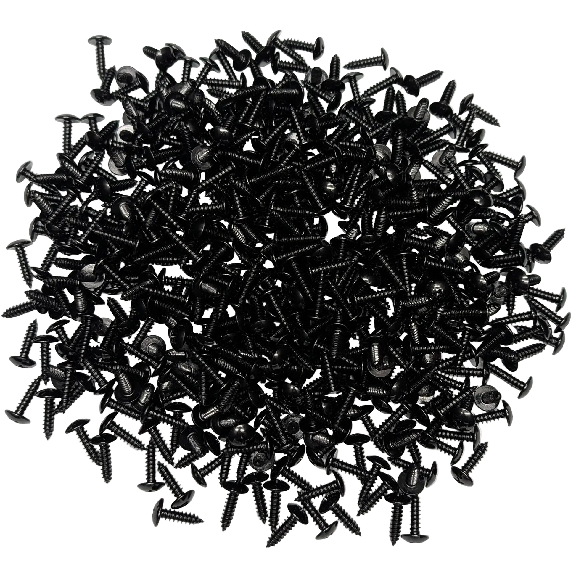 A pile of black truss-head slat screws, scattered on a white background.