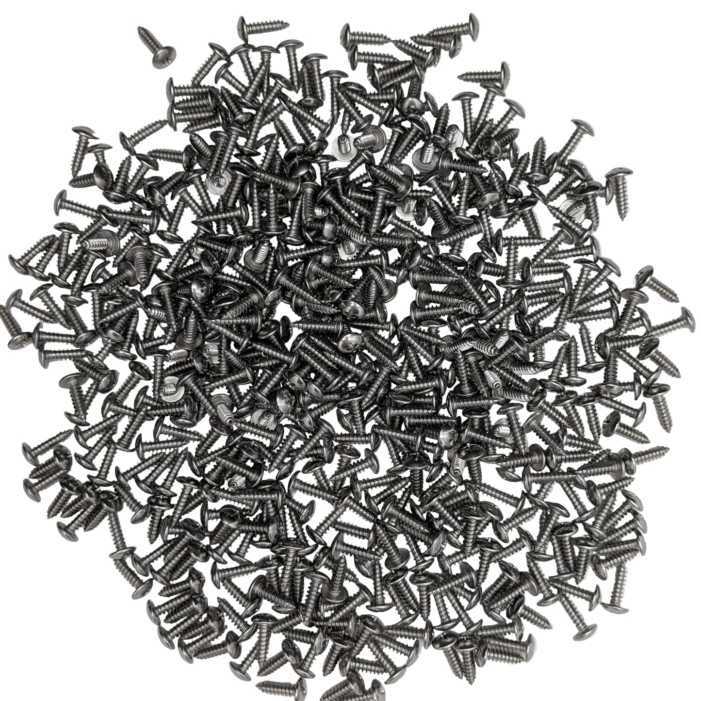 A pile of 500 Silver stainless steel truss-head slat screws on a white background.
