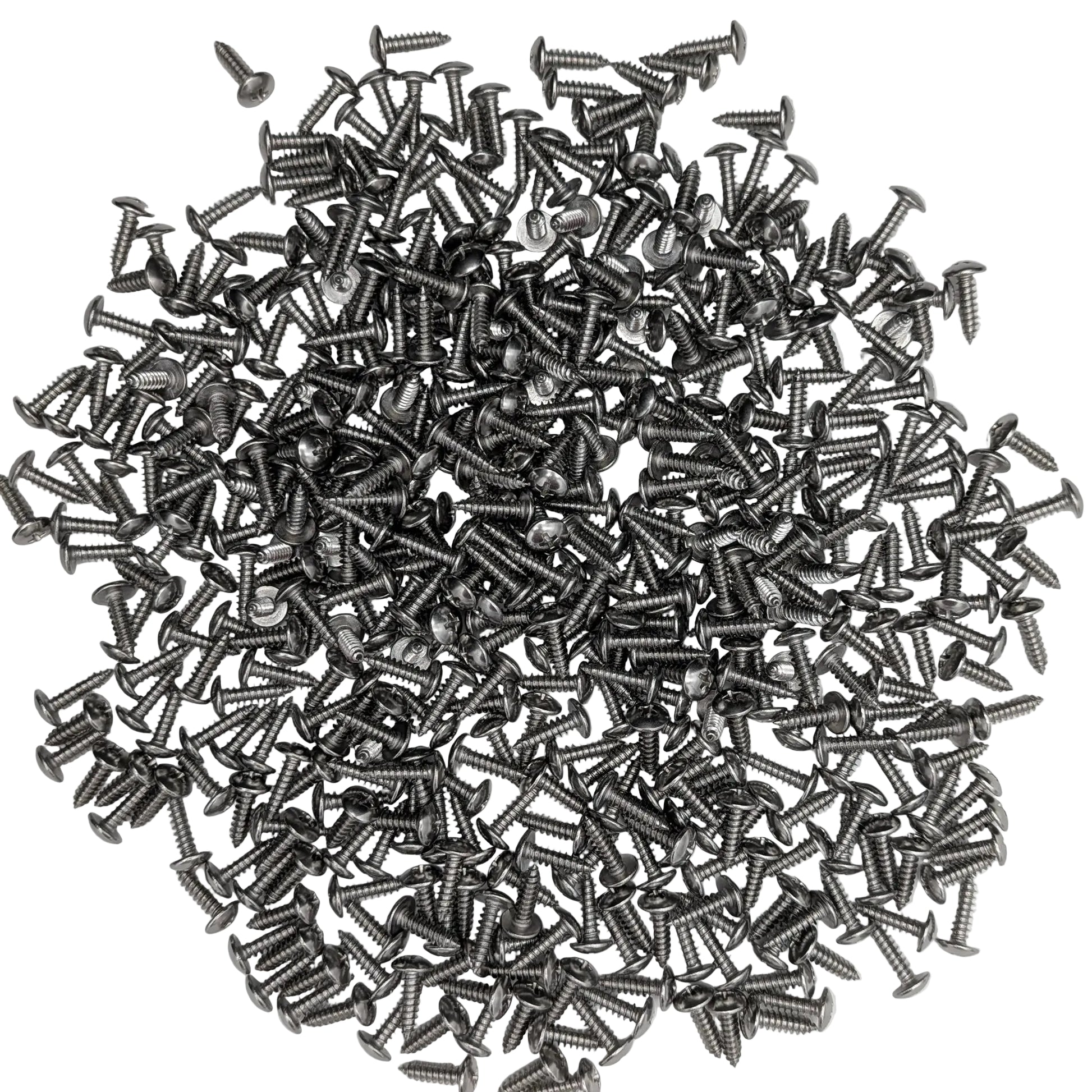 A pile of 500 Silver stainless steel truss-head slat screws on a white background.