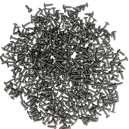 A pile of 500 Silver stainless steel truss-head slat screws on a white background.