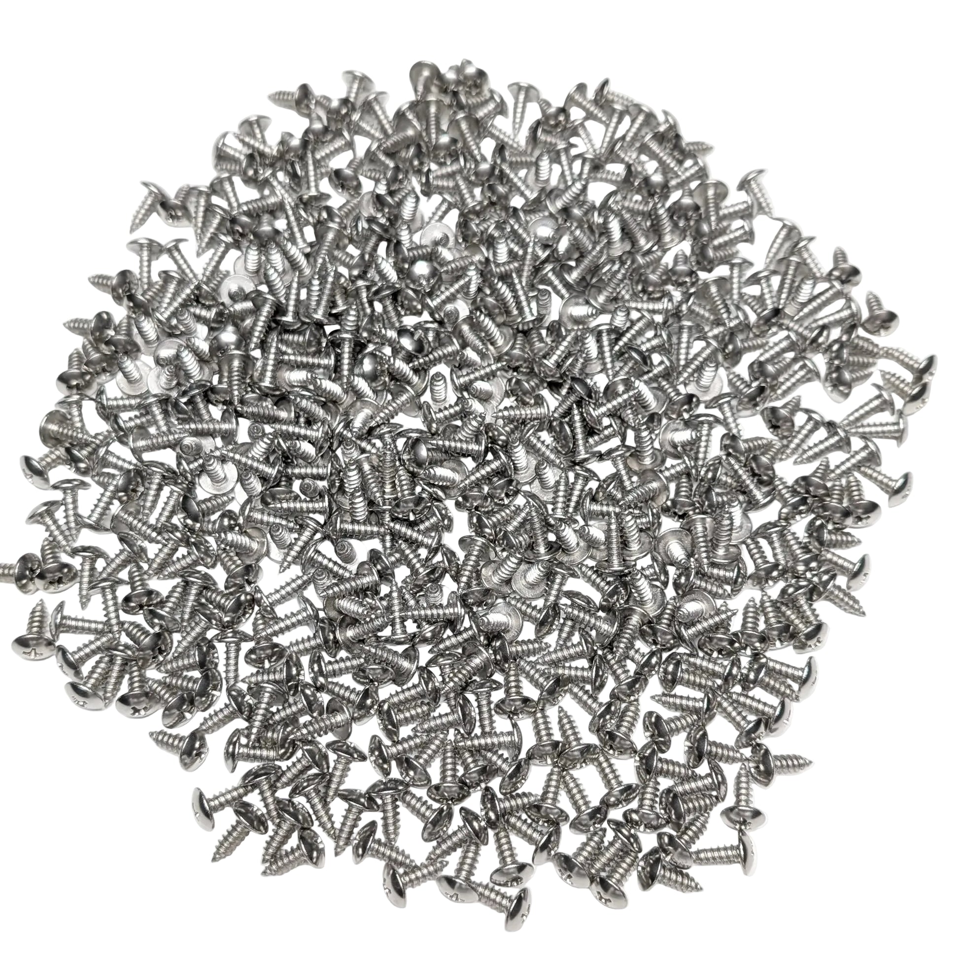 A pile of 500 silver stainless steel truss-head screws, arranged on a white background.
