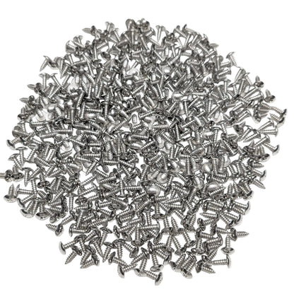 A pile of 500 silver stainless steel truss-head screws, arranged on a white background.