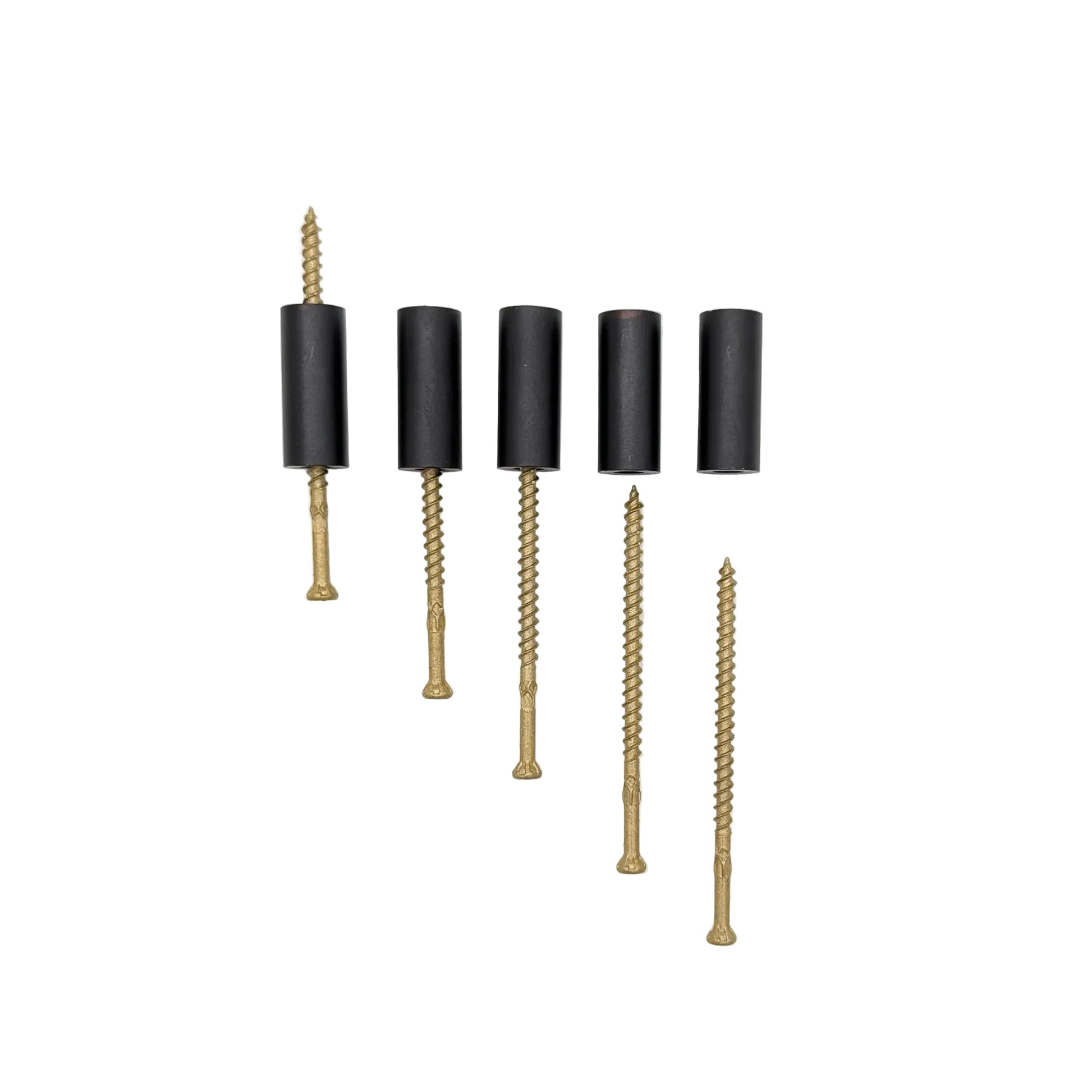 Five black cylindrical spacers with screws, arranged on a plain white background.