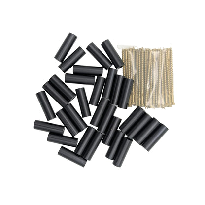 A pile of 30 black cylindrical spacers alongside a clear plastic bag containing 30 epoxy screws, on a plain white background.