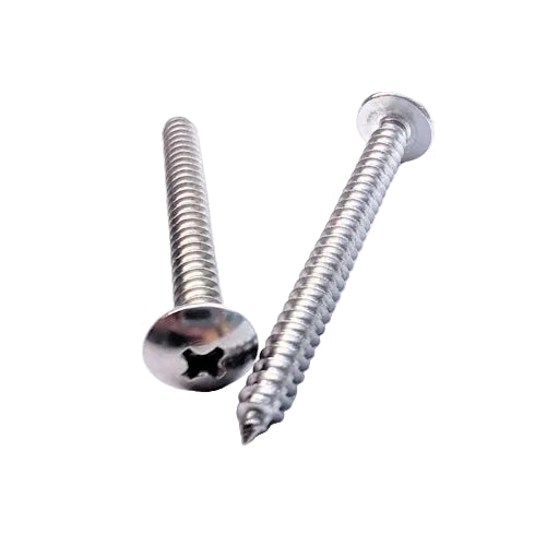 Two silver stainless steel wood screws with truss heads and cross slots, shown on a plain white background.