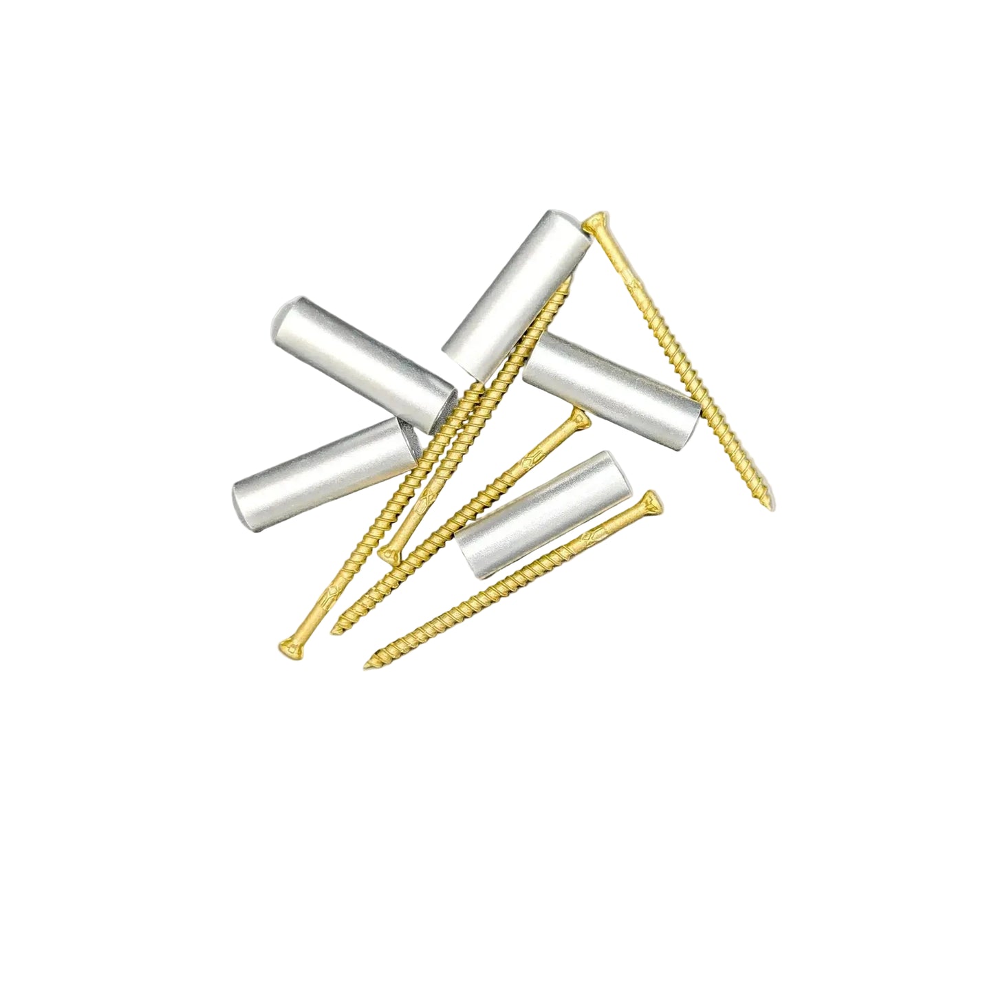 Five silver spacers with self-tapping bronze epoxy screws, arranged on a  white background.