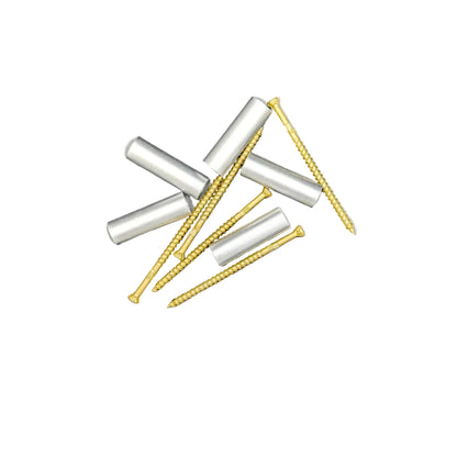 Five silver spacers with self-tapping bronze epoxy screws, arranged on a  white background.