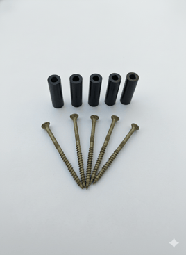 EZ Louver Spacer set including five black spacers and stainless steel mounting screws.
