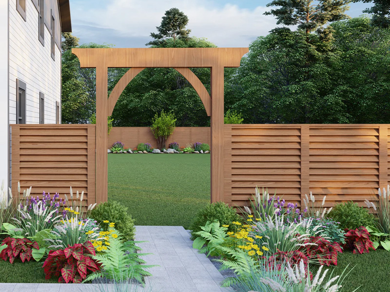 Louvered fence for decorative entryway and arbors